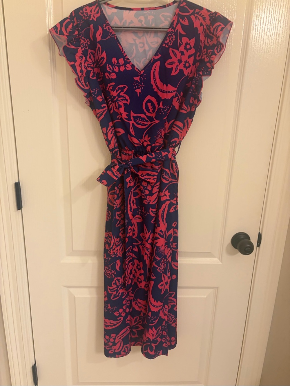 Navy & Pink Floral Wrap Midi Dress